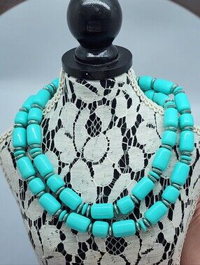 Mid Century Turquoise Aqua Lucite Cylinder Bead Long Necklace Hidden Clasp 29.5"